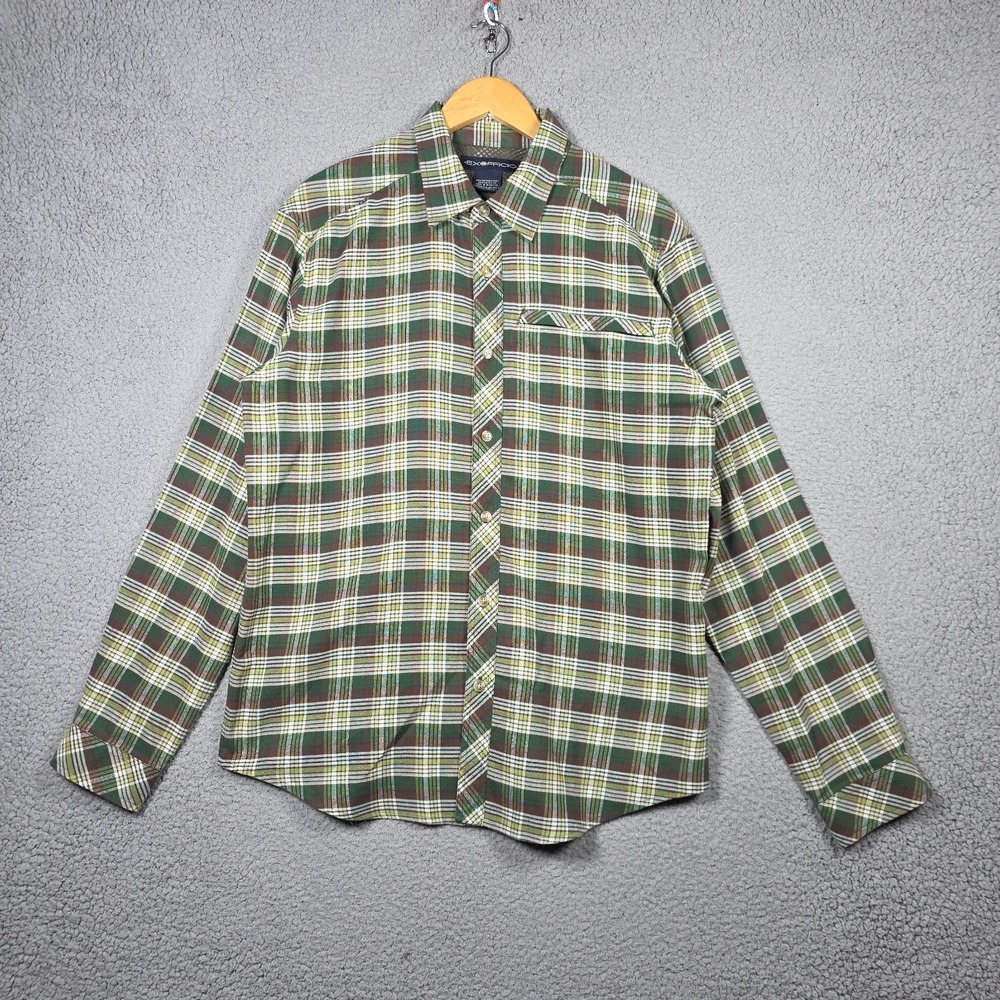 ExOfficio Shirt Mens Size Large Green Brown Plaid Canvas Lonsleeve Pocket Fall